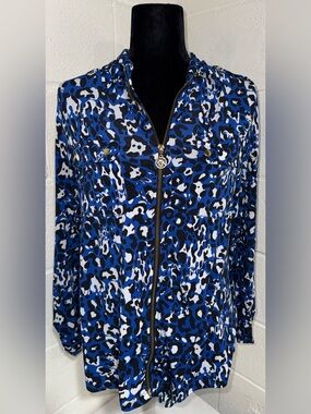 Anne Klein Blue Leopard Print Full Zip Long Sleeve Convertible Shirt L Large